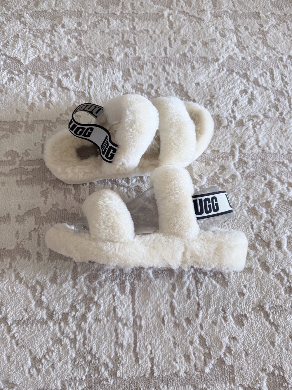 UGG Kids Cream Plush Double-Strap Sandals with Logo Back Strap
